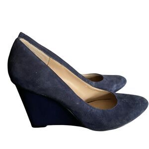 Nine West Women's Suede Navy Shoe Wedge is Navy Patent Leather Heels Sz 8M Work